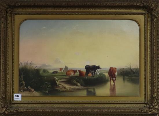 After Thomas Sidney Cooper, oil on canvas, Cattle watering, 39 x 62cm